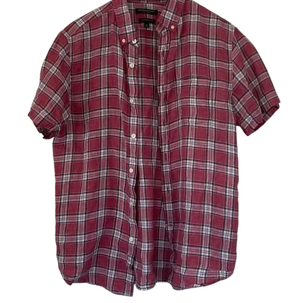 Banana Republic Camden Standard Fit Red Plaid Button Up Linen Shirt, M